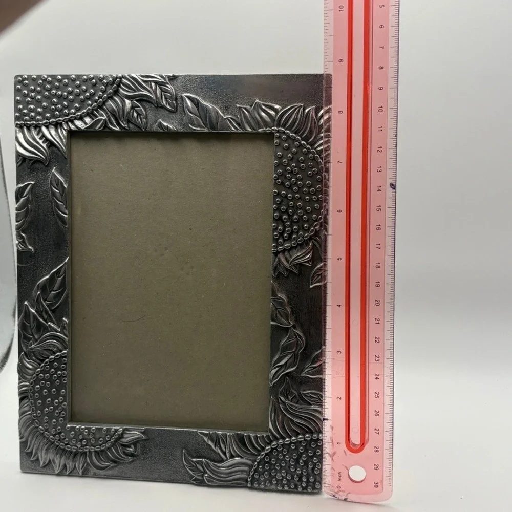 Vintage Sunflower Embossed Metal Picture Frame Pewter Tone Whimsical Forest